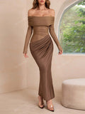 Women's Solid Color Off-Shoulder Mesh Hollow-Out Long Sexy Bodycon Dress, Spring