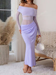 Women's Solid Color Off-Shoulder Mesh Hollow-Out Long Sexy Bodycon Dress, Spring