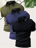 3pcs/Set Men's Summer Solid Color Polo Shirts, Black, Coffee, Grey Regular Fit Casual Business Polo Tees