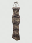 SHEIN MOOSTA Women Leopard Print Halter Neck Bodycon Fish Tail Dress