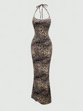 SHEIN MOOSTA Women Leopard Print Halter Neck Bodycon Fish Tail Dress