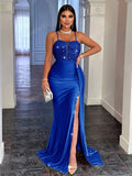 CHOSMO CHOSMO Back Zip Up Backless Halter Sequin Spliced Maxi Skirt High Waist And Side Slit Ribbon Slim Fit Elegant Evening Dress Women's Prom Dress, Formal Gown, For Wedding Guest, Graduation, Dinner