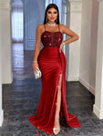 CHOSMO CHOSMO Back Zip Up Backless Halter Sequin Spliced Maxi Skirt High Waist And Side Slit Ribbon Slim Fit Elegant Evening Dress Women's Prom Dress, Formal Gown, For Wedding Guest, Graduation, Dinner