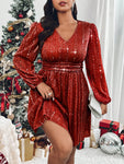 SHEIN Privé Plus Size Women V-Neck Lantern Sleeve Glitter Elegant Short Dress