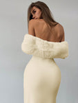 Aloruh Romantic Luxury White Off-Shoulder Furry Bodycon Long Sleeve Maxi Evening Dress For Women