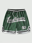 ROMWE Prep Men Striped Letter Printed Drawstring Waist Summer Sports Casual Mesh Shorts, School