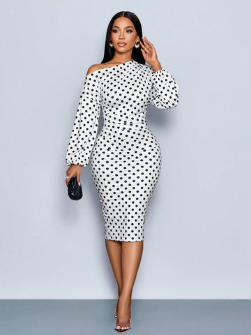 SOLERSUN Women's Winter Elegant New Year's Party Valentine's Day Ball Christmas French White Polka Dot Pattern Off Shoulder Long Sleeve Knitted Hip Cover Old Money Style New Year's Eve Sexy Casual Women's Midi Dress