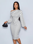 SOLERSUN Women's Winter Elegant New Year's Party Valentine's Day Ball Christmas French White Polka Dot Pattern Off Shoulder Long Sleeve Knitted Hip Cover Old Money Style New Year's Eve Sexy Casual Women's Midi Dress