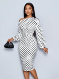 SOLERSUN Women's Winter Elegant New Year's Party Valentine's Day Ball Christmas French White Polka Dot Pattern Off Shoulder Long Sleeve Knitted Hip Cover Old Money Style New Year's Eve Sexy Casual Women's Midi Dress