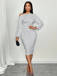 SOLERSUN Women's Winter Elegant New Year's Party Valentine's Day Ball Christmas French White Polka Dot Pattern Off Shoulder Long Sleeve Knitted Hip Cover Old Money Style New Year's Eve Sexy Casual Women's Midi Dress