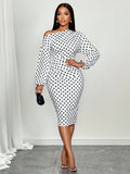 SOLERSUN Women's Winter Elegant New Year's Party Valentine's Day Ball Christmas French White Polka Dot Pattern Off Shoulder Long Sleeve Knitted Hip Cover Old Money Style New Year's Eve Sexy Casual Women's Midi Dress