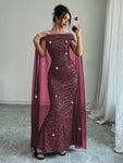 SHEIN Raffinéa Elegant Off-Shoulder Sparkly Cape Evening Dress