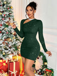 Women's Sexy Asymmetric Collar Long Sleeve Side Ruched Bodycon Dress With Glitter Details For Party