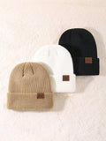 1/3 Packs Unisex Leather Patch Winter Skull Cap Beanies Knitted Cuff Hats Caps Roll-Up Edge Beanie Hats For Men Outdoors