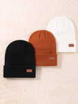 1/3 Packs Unisex Leather Patch Winter Skull Cap Beanies Knitted Cuff Hats Caps Roll-Up Edge Beanie Hats For Men Outdoors