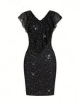 SHEIN Clasi Plus Size Women V-Neck Splice Ruffled Glitter Fitted Dress Vestidos De Fiesta Elegantes Christmas Clothes Women Christmas Dress Holiday Party Dresswinter Dress Winter Clothes New Year Eve Dress Holiday Dress