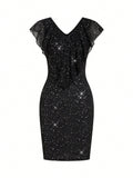 SHEIN Clasi Plus Size Women V-Neck Splice Ruffled Glitter Fitted Dress Vestidos De Fiesta Elegantes Christmas Clothes Women Christmas Dress Holiday Party Dresswinter Dress Winter Clothes New Year Eve Dress Holiday Dress