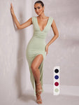 Women's Fashion Deep V-Neck Bodycon Backless Split Dress