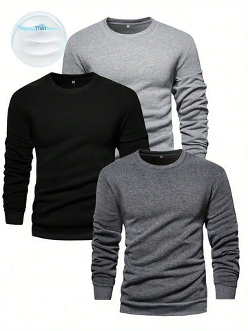 Manfinity Basics Men's 3Pcs Round Neck Long Sleeve Plain Casual Workout Sweatshirt, Boyfriend Gift,