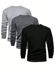 Manfinity Basics Men's 3Pcs Round Neck Long Sleeve Plain Casual Workout Sweatshirt, Boyfriend Gift,