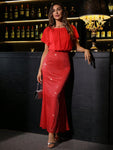 SHEIN Belle Puff Sleeve Sequin Mermaid Hem Dress Elegant Formal Evening Prom Wedding Guest Gown, For Graduation, Dinner