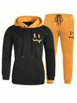 2pcs Men's Sportswear Set With Casual Long Sleeved Face Pattern Hooded Sweatshirt And Jogging Pants, Perfect For Daily Or Casual Wear In Spring, Autumn Or Winter.