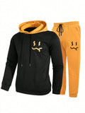 2pcs Men's Sportswear Set With Casual Long Sleeved Face Pattern Hooded Sweatshirt And Jogging Pants, Perfect For Daily Or Casual Wear In Spring, Autumn Or Winter.