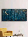 1pc Moody Dark Night Forest Wall Art: Dark Blue Sky, Moon, And Stars - No Frame