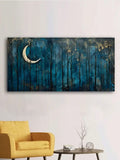 1pc Moody Dark Night Forest Wall Art: Dark Blue Sky, Moon, And Stars - No Frame