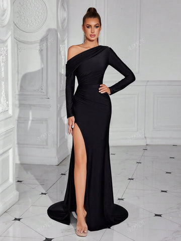 ADYCE ADYCE Women's Solid Color Ruched Long Sleeve Side Split Long Dress For Party, Prom, Formal Evening Gown, Black Elegant Dress, For Wedding Guest, Graduation, Dinner