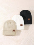 1/3 Packs Unisex Leather Patch Winter Skull Cap Beanies Knitted Cuff Hats Caps Roll-Up Edge Beanie Hats For Men Outdoors