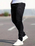 Manfinity LEGND Men Ripped Frayed Skinny Jeans, Plain Dark Blue Slim Fit Long Cargo Jeans, For Husband, Boyfriend Gifts