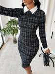 SHEIN Lady Spring And Summer  Office Dress  Dresses  Casual Elegant Work Houndstooth Bodycon Dress Shirt Collar Tweed Women Dresses