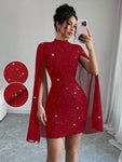 SHEIN Elenzya Women's Glitter Print Gorgeous Stand Collar Lantern Sleeve Bodycon Dress