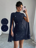 SHEIN Elenzya Women's Glitter Print Gorgeous Stand Collar Lantern Sleeve Bodycon Dress