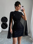 SHEIN Elenzya Women's Glitter Print Gorgeous Stand Collar Lantern Sleeve Bodycon Dress