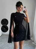 SHEIN Elenzya Women's Glitter Print Gorgeous Stand Collar Lantern Sleeve Bodycon Dress