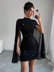 SHEIN Elenzya Women's Glitter Print Gorgeous Stand Collar Lantern Sleeve Bodycon Dress