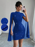 SHEIN Elenzya Women's Glitter Print Gorgeous Stand Collar Lantern Sleeve Bodycon Dress