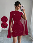 SHEIN Elenzya Women's Glitter Print Gorgeous Stand Collar Lantern Sleeve Bodycon Dress