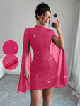 SHEIN Elenzya Women's Glitter Print Gorgeous Stand Collar Lantern Sleeve Bodycon Dress