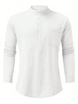 SANOPY Men's Solid Color Linen Long Sleeve Shirt V Neck Fashion Casual Men's Shirt Tops