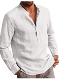 SANOPY Men's Solid Color Linen Long Sleeve Shirt V Neck Fashion Casual Men's Shirt Tops