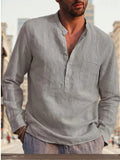 SANOPY Men's Solid Color Linen Long Sleeve Shirt V Neck Fashion Casual Men's Shirt Tops