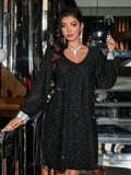 Women's Mid-Length Loose V-Neck Sparkly Long Sleeve Elegant Slimming Dress