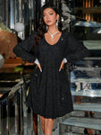 Women's Mid-Length Loose V-Neck Sparkly Long Sleeve Elegant Slimming Dress