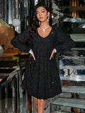 Women's Mid-Length Loose V-Neck Sparkly Long Sleeve Elegant Slimming Dress