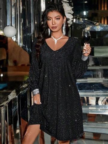 Women's Mid-Length Loose V-Neck Sparkly Long Sleeve Elegant Slimming Dress