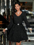 Women's Mid-Length Loose V-Neck Sparkly Long Sleeve Elegant Slimming Dress