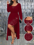 SHEIN Clasi Plus Size Women's Shiny Print Square Neck Long Sleeve Slit Hem Elegant Dress, Spring And Autumn